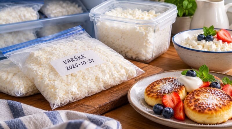 Šaldymui paruošta varškė maišeliuose ir indeliuose, šalia – iškepti varškėčiai.